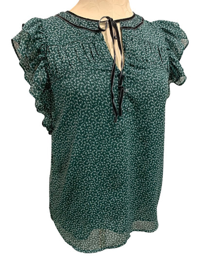XS Loft Womens Emerald Green Popover Blouse Shirt Velvet Trim Floral