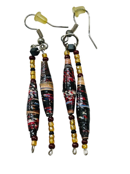 Paper and Seed Bead Earrings Fishhook Pierced 2.5" Drop Dangle