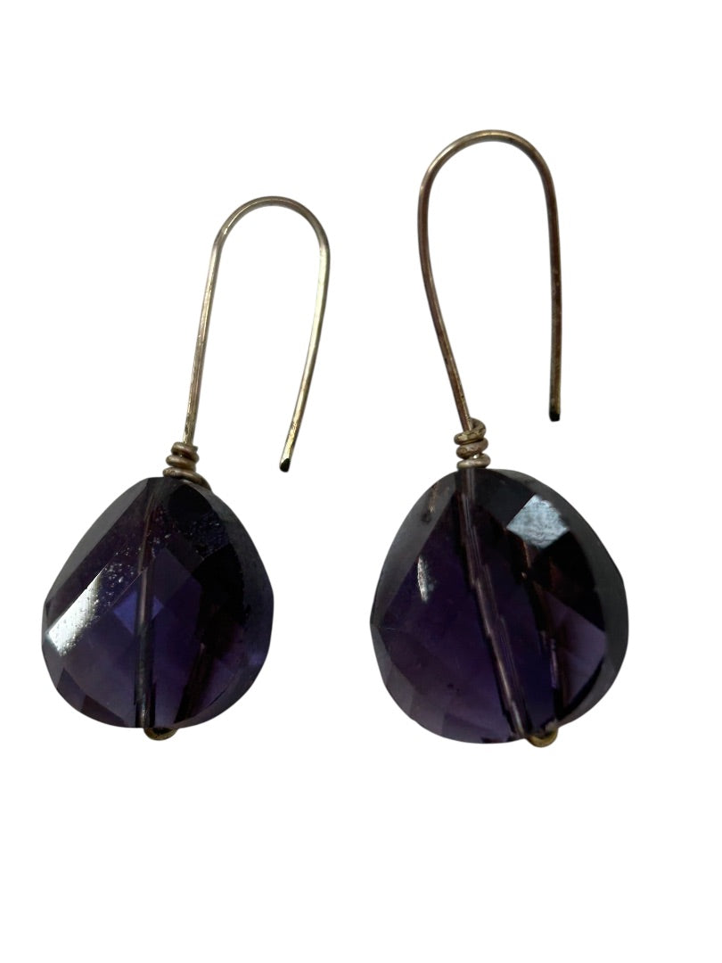 Silvertone and Faceted Acrylic Purple Pierced Fishhook Earrings 1.5" Drop