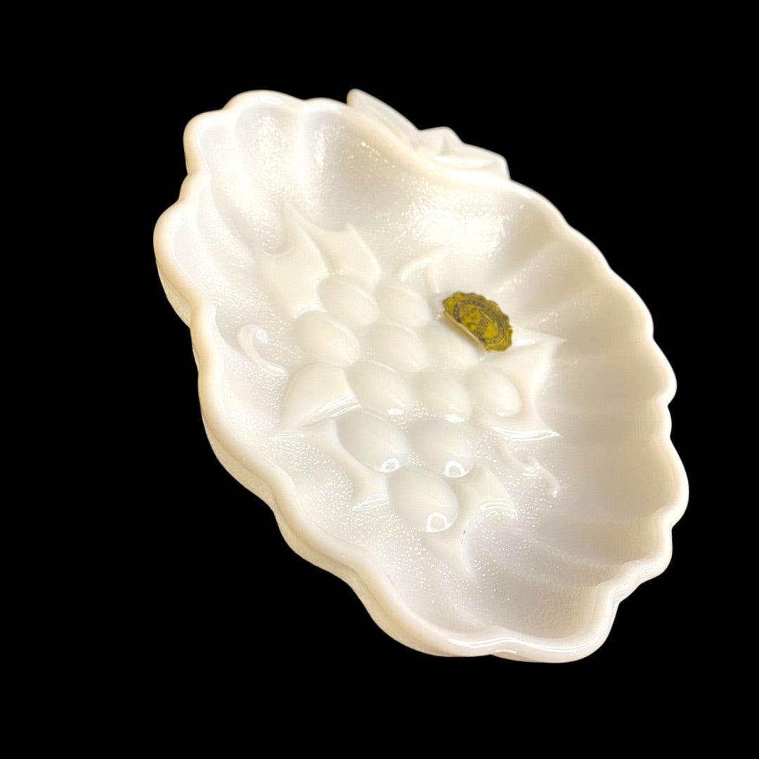 Hazel-Atlas Opaque Milk Glass Candy Dish Strawberry Grape 7" Sticker