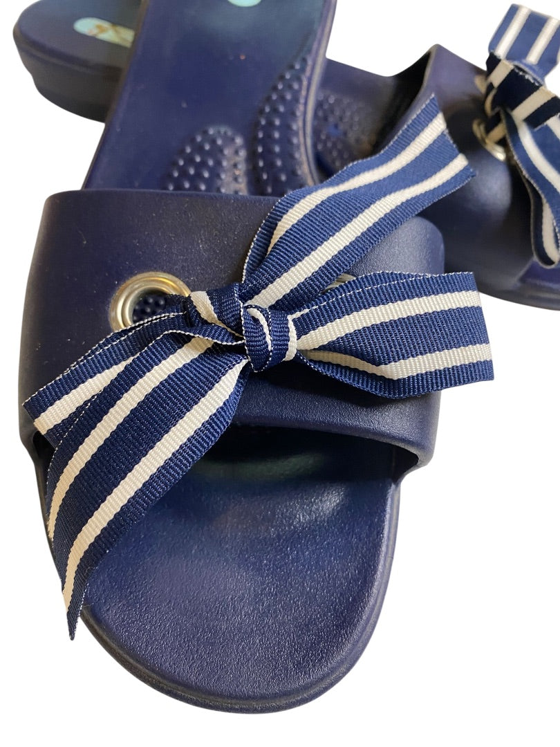 Large (9/10) Oka B Womens Navy Blue Slide Sandal Shoes Grosgrain Ribbon Bow