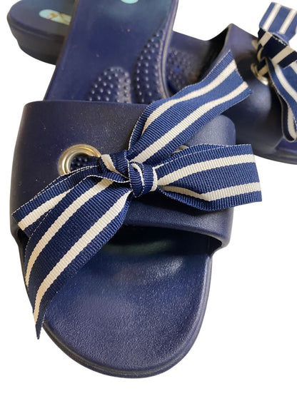 Large (9/10) Oka B Womens Navy Blue Slide Sandal Shoes Grosgrain Ribbon Bow