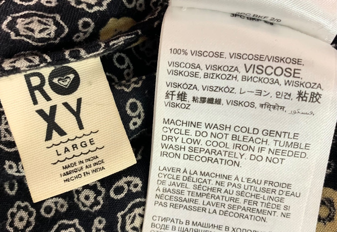 Large Roxy Maxi Dress Side Zip Black Tan Boho Print