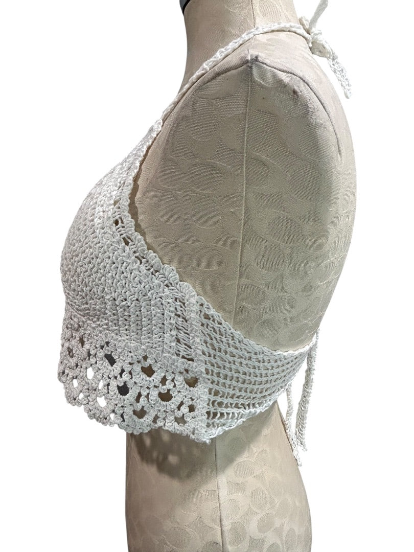Small Crochet White Tie Crop Top Boho Padded