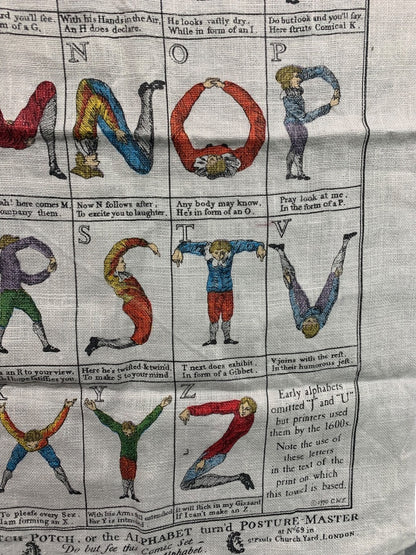 Vintage Tea Towel The Comical Hotch Potch or The Alphabet Posture 26" x 16"