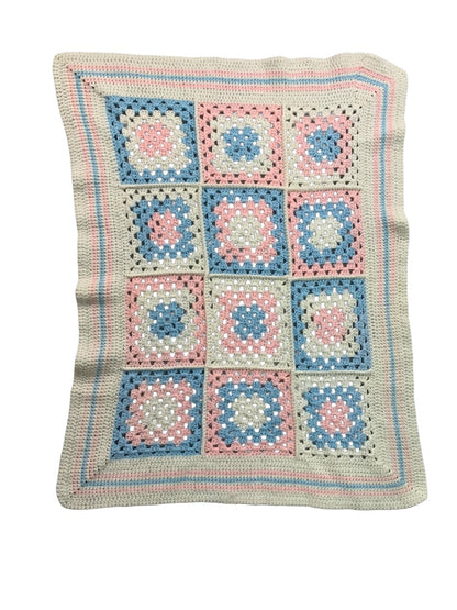 Vintage Baby Blanket Crocheted White Blue Pink Granny Square 39 x 30 Inch