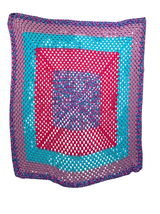 Vintage Crochet Afghan Blanket Throw 54" Square Purple Teal Pink