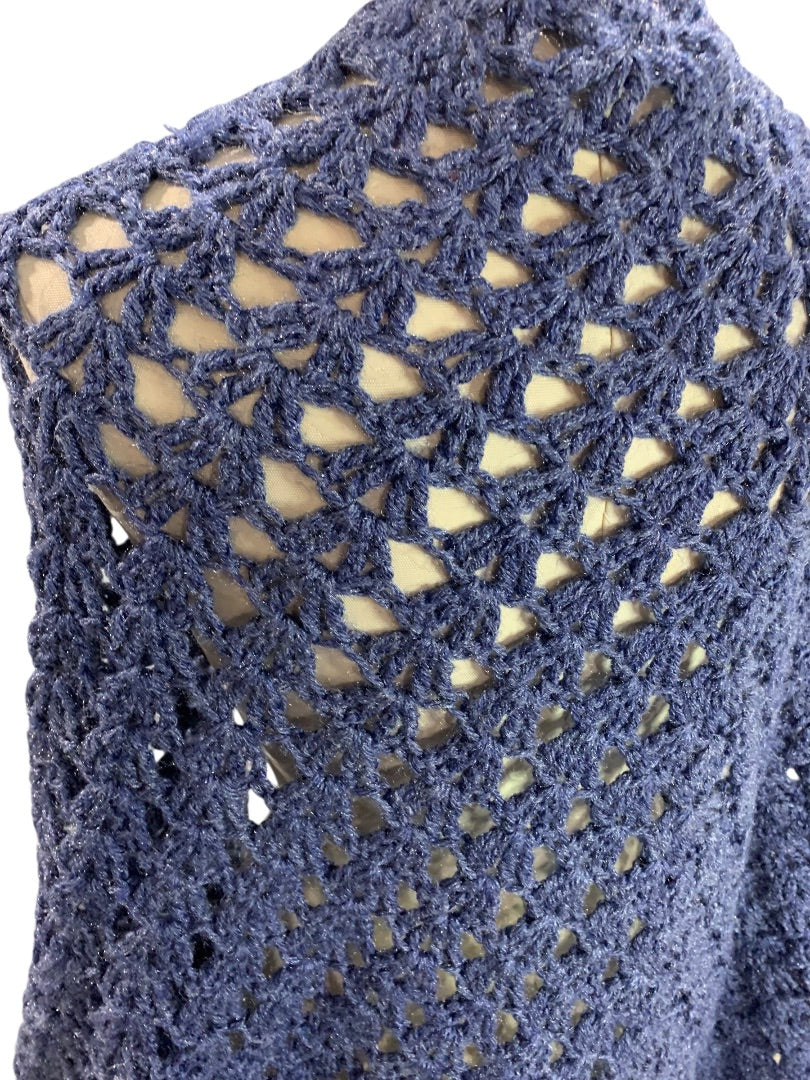 Vintage Crochet Shawl Sparkle Blue Fringed Hand Crocheted