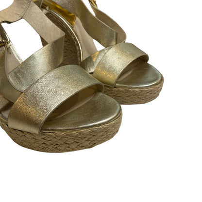 10 Michael Kors Giovanna Gold Strappy Wedge Sandals Metallic 5" Espadrilles