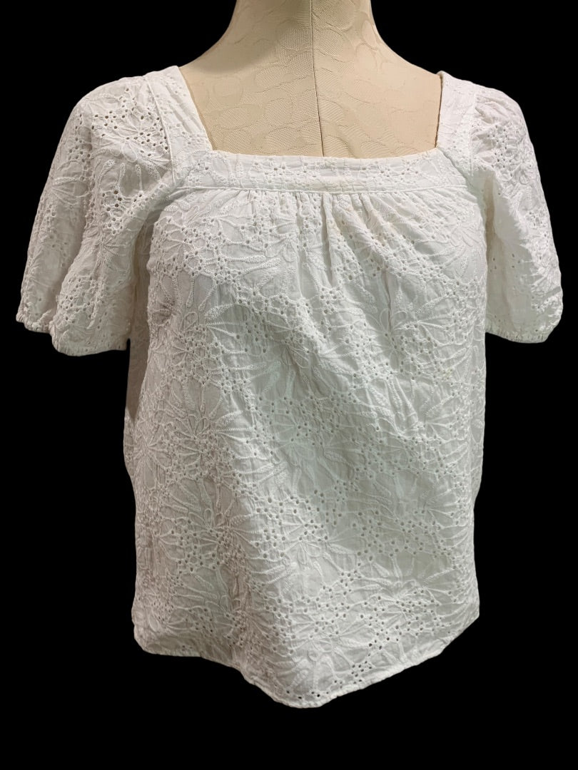 XXSP Loft Petites Womens White Eyelet Lined Pullover Blouse Square Neck