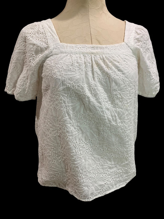 XXSP Loft Petites Womens White Eyelet Lined Pullover Blouse Square Neck
