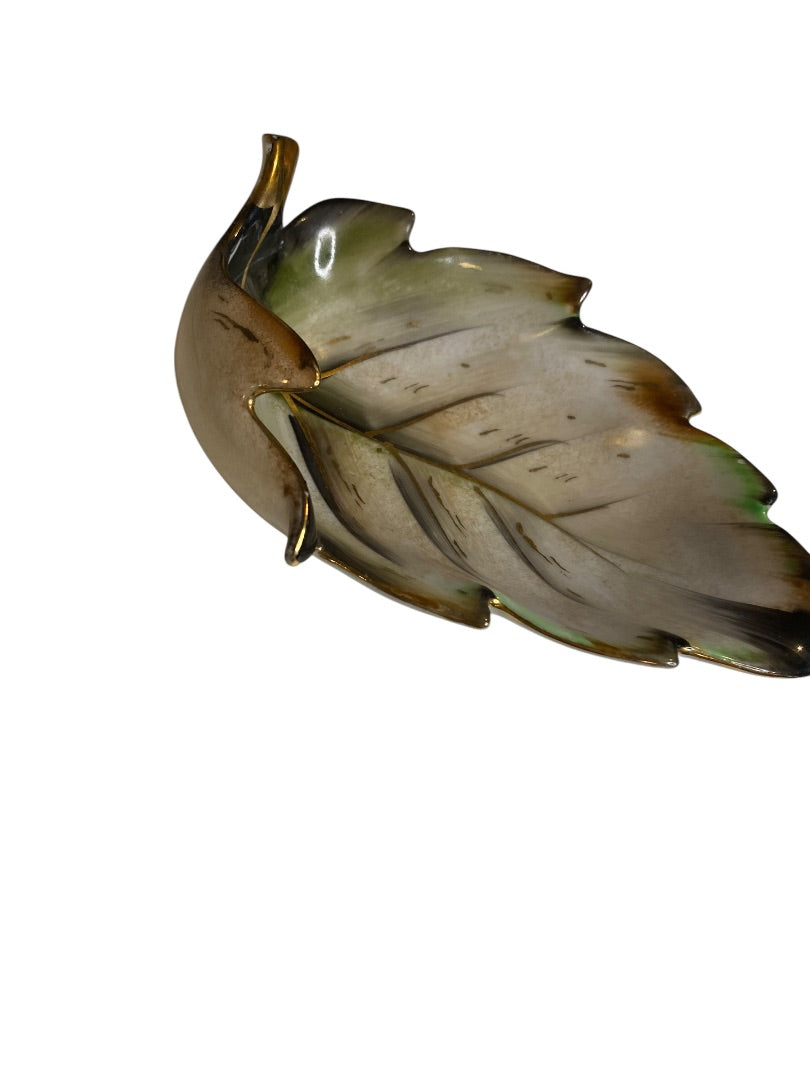 Midcentury Ceramic Leaf Trinket Dish Green Brown Gold Trim 6" x 4"