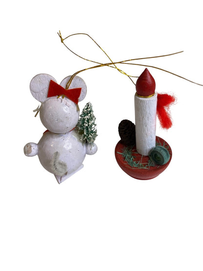 Vintage Wooden Christmas Holiday Ornaments Mouse Candle 2.75"