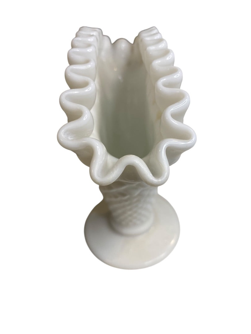 Vintage Fenton Milkglass Hobnail Fan Vase Crimped 5.5"