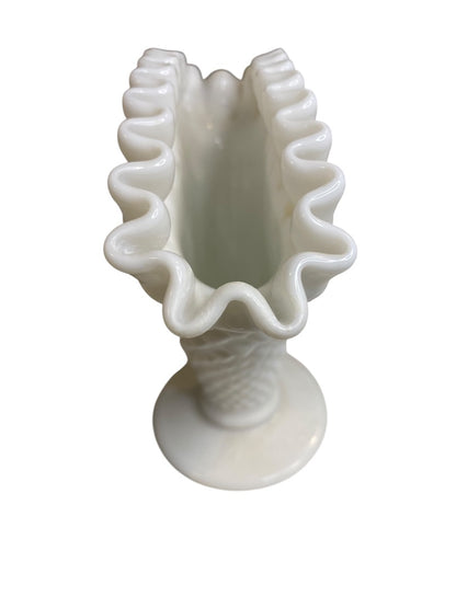 Vintage Fenton Milkglass Hobnail Fan Vase Crimped 5.5"
