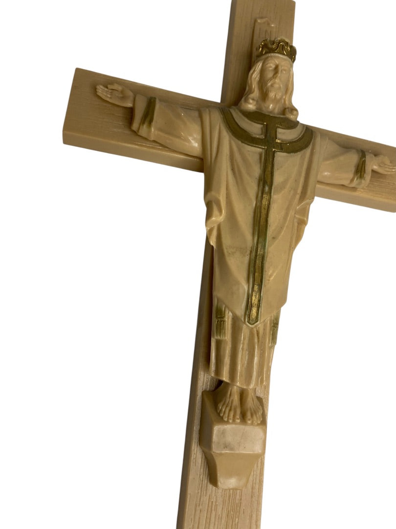 Vintage Plastic Cross Jesus INRI 12" Wall Hanging Gold Trim Paint