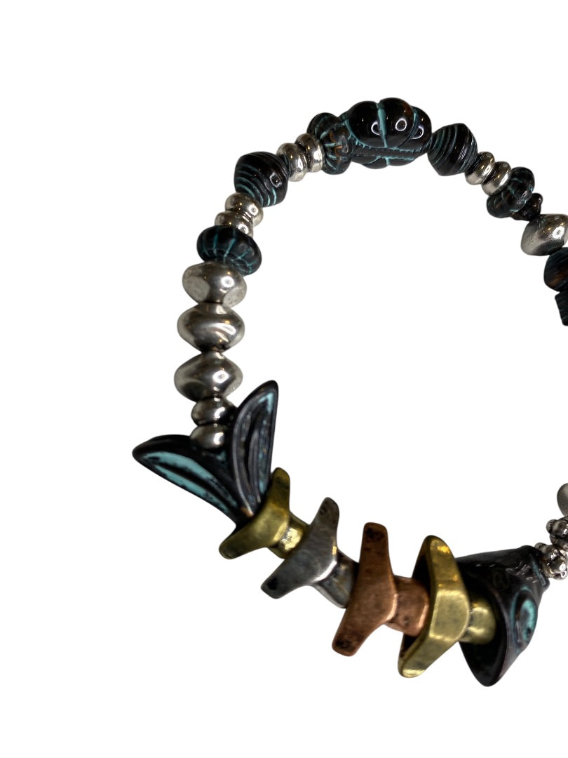 Funky Mixed Metals Beaded Acrylic Fish Stretch Bracelet