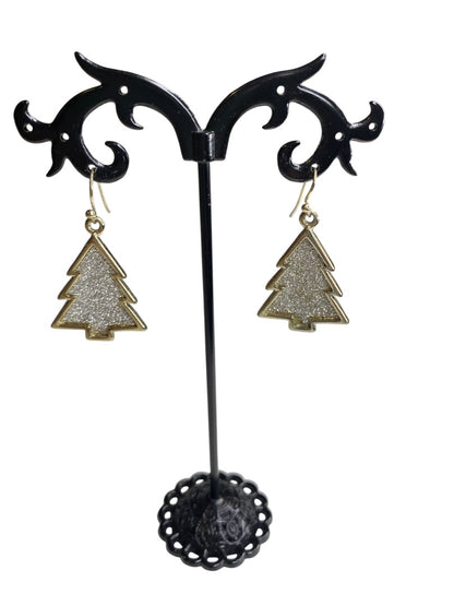 Goldtone Fishhook Earrings Christmas Tree Sparkle 1.5" Drop