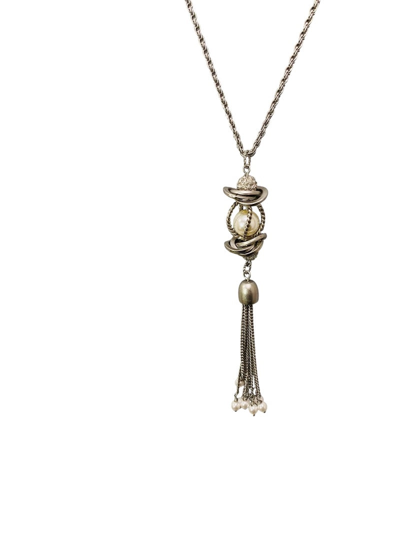 Lia Sophia Silvertone 5" Tassel Necklace 30" Lobster Clasp Sparkle Faux Pearl