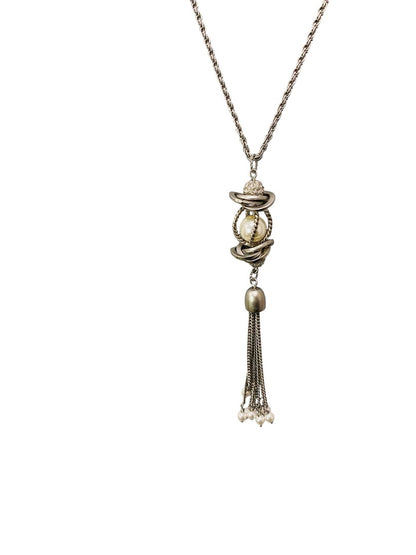 Lia Sophia Silvertone 5" Tassel Necklace 30" Lobster Clasp Sparkle Faux Pearl