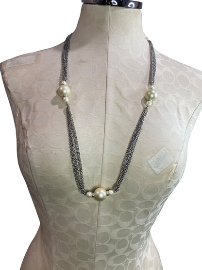 Talbots Chunky Silvertone and Faux Pearl Beaded Necklace 29" Long
