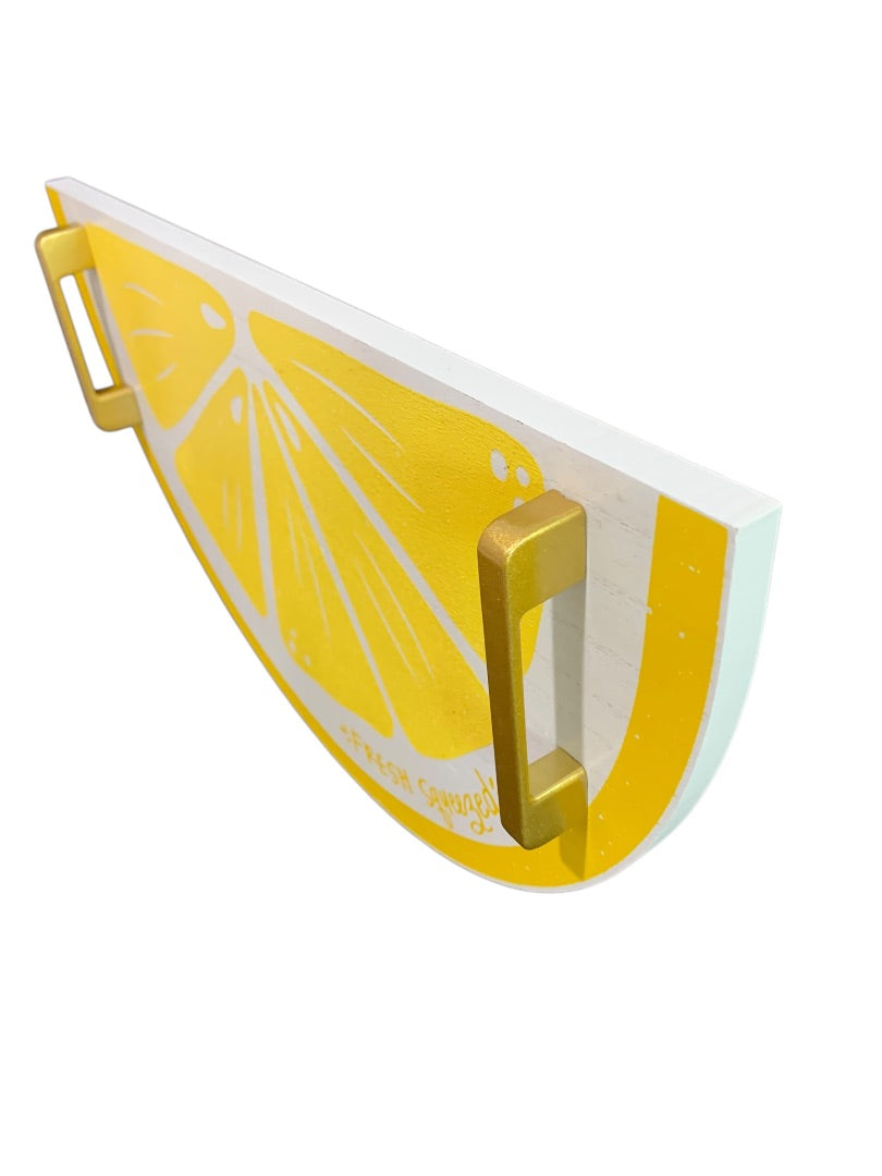 Lemon Slice Handled Serving Tray Yellow White Wooden 17" x 9.5"