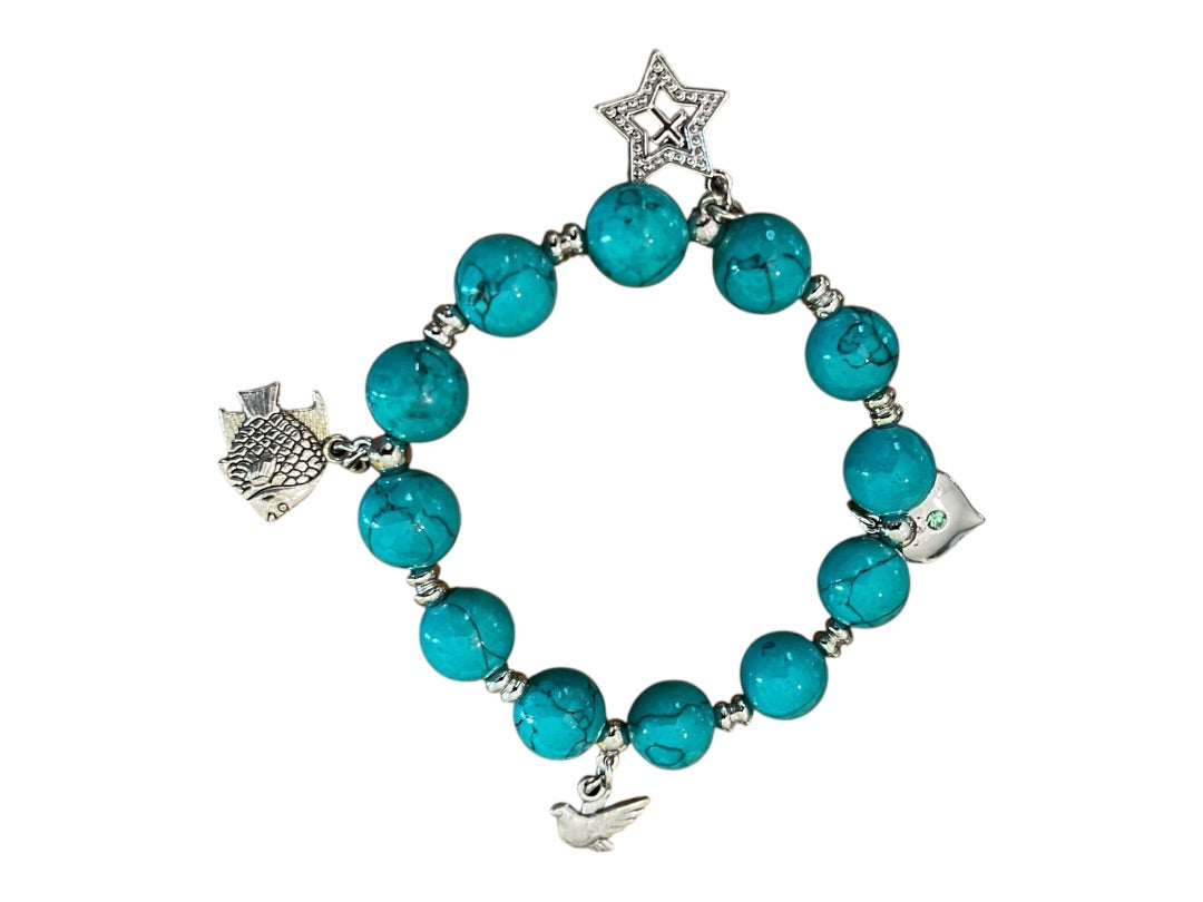 Beaded Stretch Silvertone Fish Dove Star Religious Stretch Bracelet Bright Blue