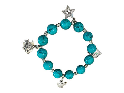 Beaded Stretch Silvertone Fish Dove Star Religious Stretch Bracelet Bright Blue