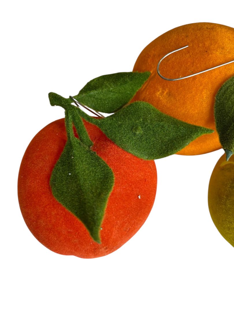 Vintage Flocked Velvet Fruit Set of 3 Ornaments Apples Orange 3 Inch