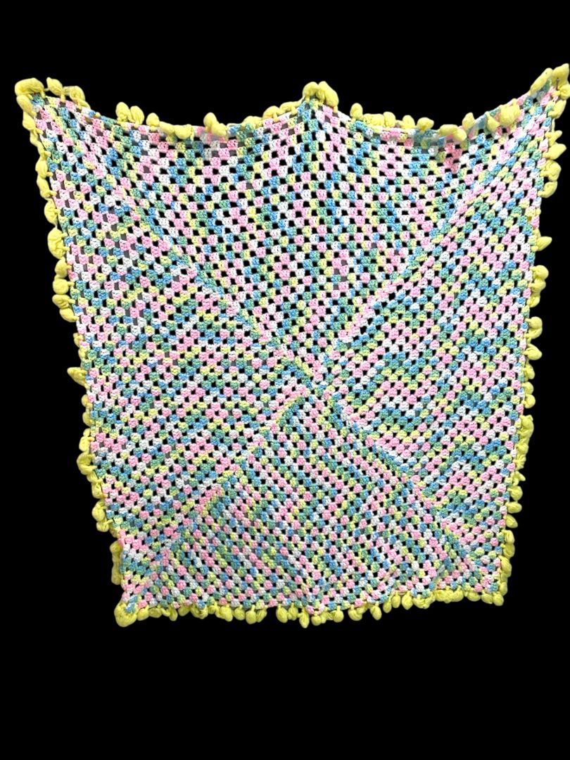 Vintage Crochet Baby Blanket Pastels 44" Square Yellow Pom Pom Trim