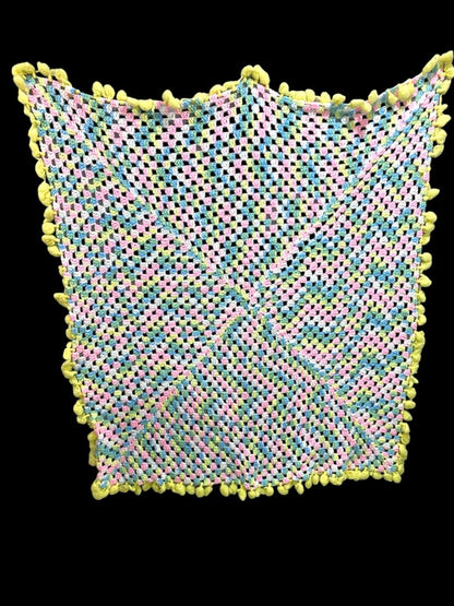 Vintage Crochet Baby Blanket Pastels 44" Square Yellow Pom Pom Trim