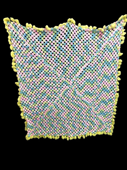 Vintage Crochet Baby Blanket Pastels 44" Square Yellow Pom Pom Trim