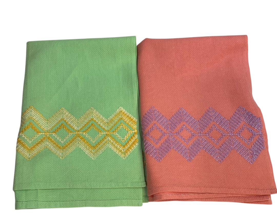 Set of 2 Pink Green Vintage Kitchen Towels Embroidered 23" x 16.5"