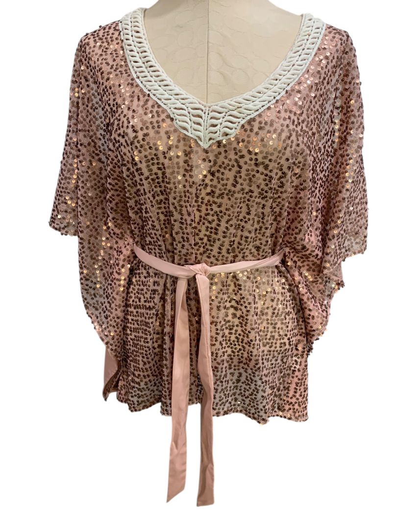 Size Medium XOXO Womens Pink Sequin Belted Blouse V-Neck