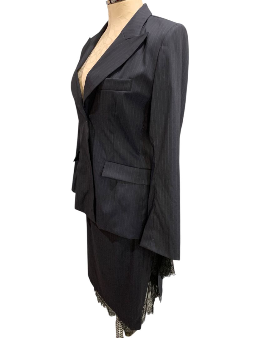 Size 38 Marcel Marongiu Skirt Suit Jacket Pinstripe Lace Trim France