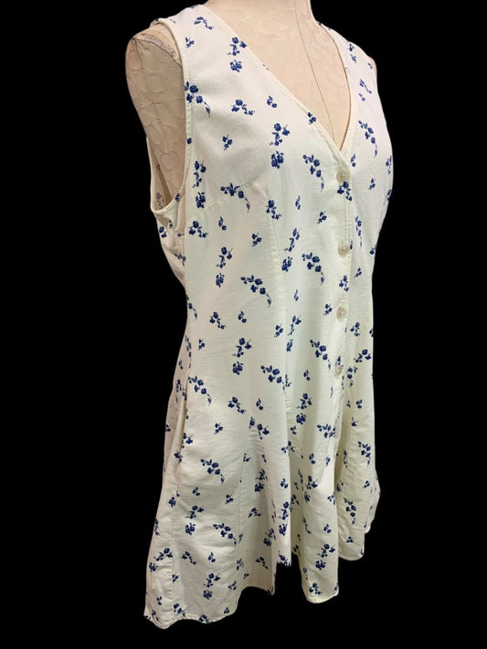 Large Universal Thread A-Line Sleeveless Button Up Dress Ivory Blue Floral