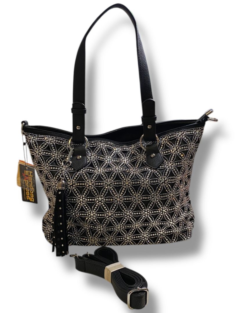New Black Handbag Tote Rhinestone Bling Detachable Shoulder Strap