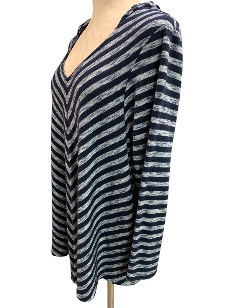 Size 18/20 Avenue Womens Navy Blue Hooded V-Neck Tshirt Long Sleeve