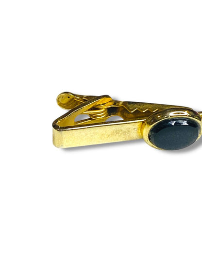 Vintage Tie Clasp Clip Goldtone Black Glass 1.5"