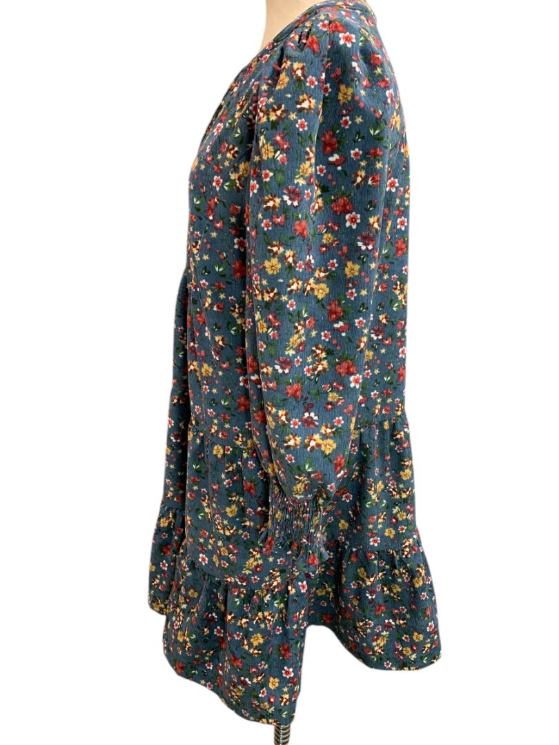 Size Medium Umgee Floral Corduroy Dress Pockets Blue V-Neck