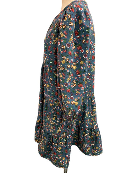Size Medium Umgee Floral Corduroy Dress Pockets Blue V-Neck