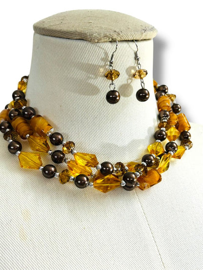 Amber Color Multistrand Acrylic Beaded Necklace Earring Set New