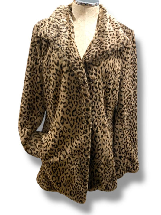 Size Medium Calvin Klein Womens Faux Fur Plush Animal Print Coat Pockets