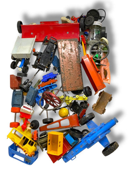 Vintage Toy Parts Pieces Scrap Junk Lot Wheels Hats Tires Plastic Tin
