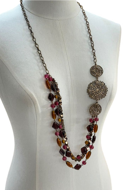 Copper Color Necklace 38" Copper Collar Medallions Orange Purple Beads