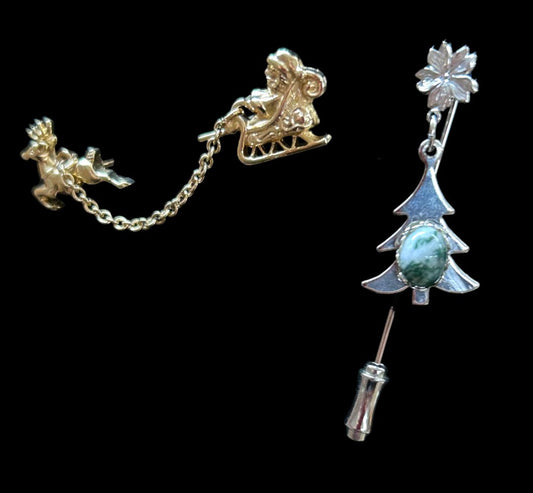 Goldtone and Silvertone Christmas Stick Pins Santa Tree 2.25"