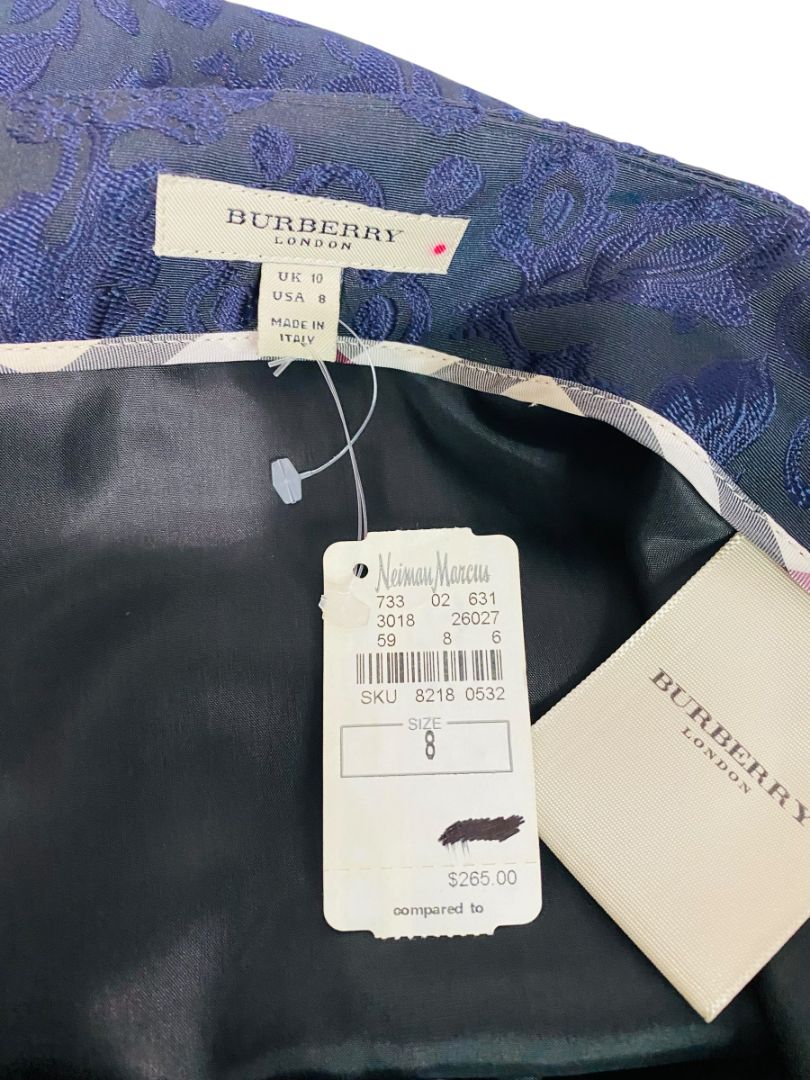Size 8 Burberry New Navy Blue Floral Jacquard Satin Straight Skirt Knee Length