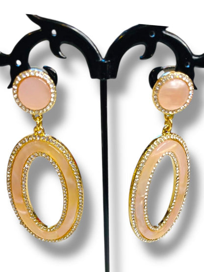 Statement Pierced Post Earrings Pink Goldtone Rhinestone 2.6"