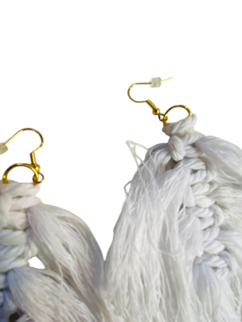 White Statement Fishhook Pierced Earrings Macrame Oversize 5.5" Drop