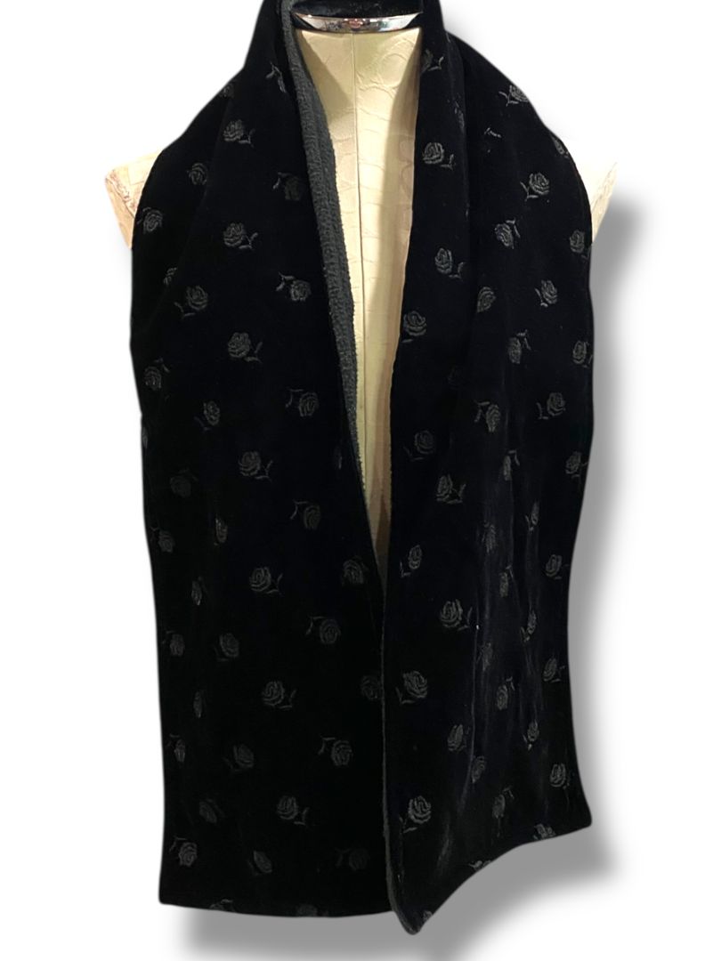 Vintage Talbots Black Velour Fleece Embroidered Scarf 56"l x 8"w